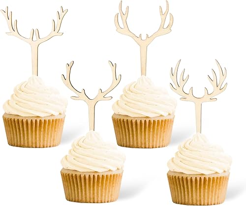 24 piezas de cornamenta de madera para cupcakes 4 tipos de renos para tartas de ciervos de Navidad para baby shower, caza, boda, rústico, fiesta de