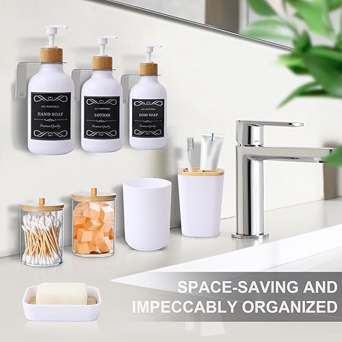 Miniatura 5 de XLHOMO Juego de accesorios de baño blanco y madera  Juego de 19 piezas de baño con basura, 3 piezas sin taladros, dispensador de jabón de 17 onzas