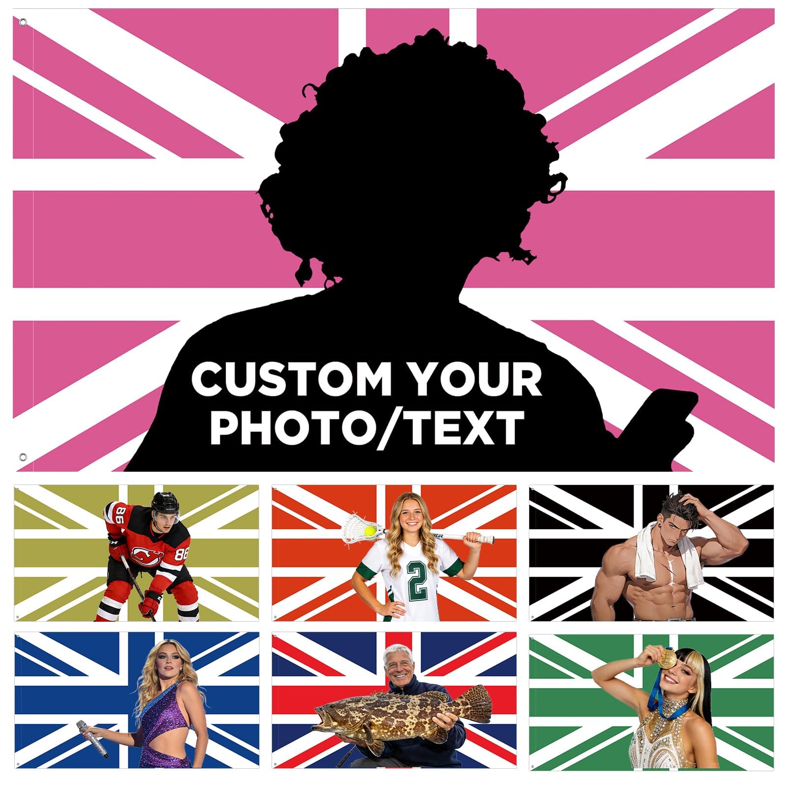 Infiher Custom UK Flag with Picture Text - Personalised Pink British Flag for Indoor Outside - 2×3 3×5 4×6 5×8 Ft Customisable Funny Tapestry Banner for Room Dorm Club Bar Garden Party Festival Decor — image 1