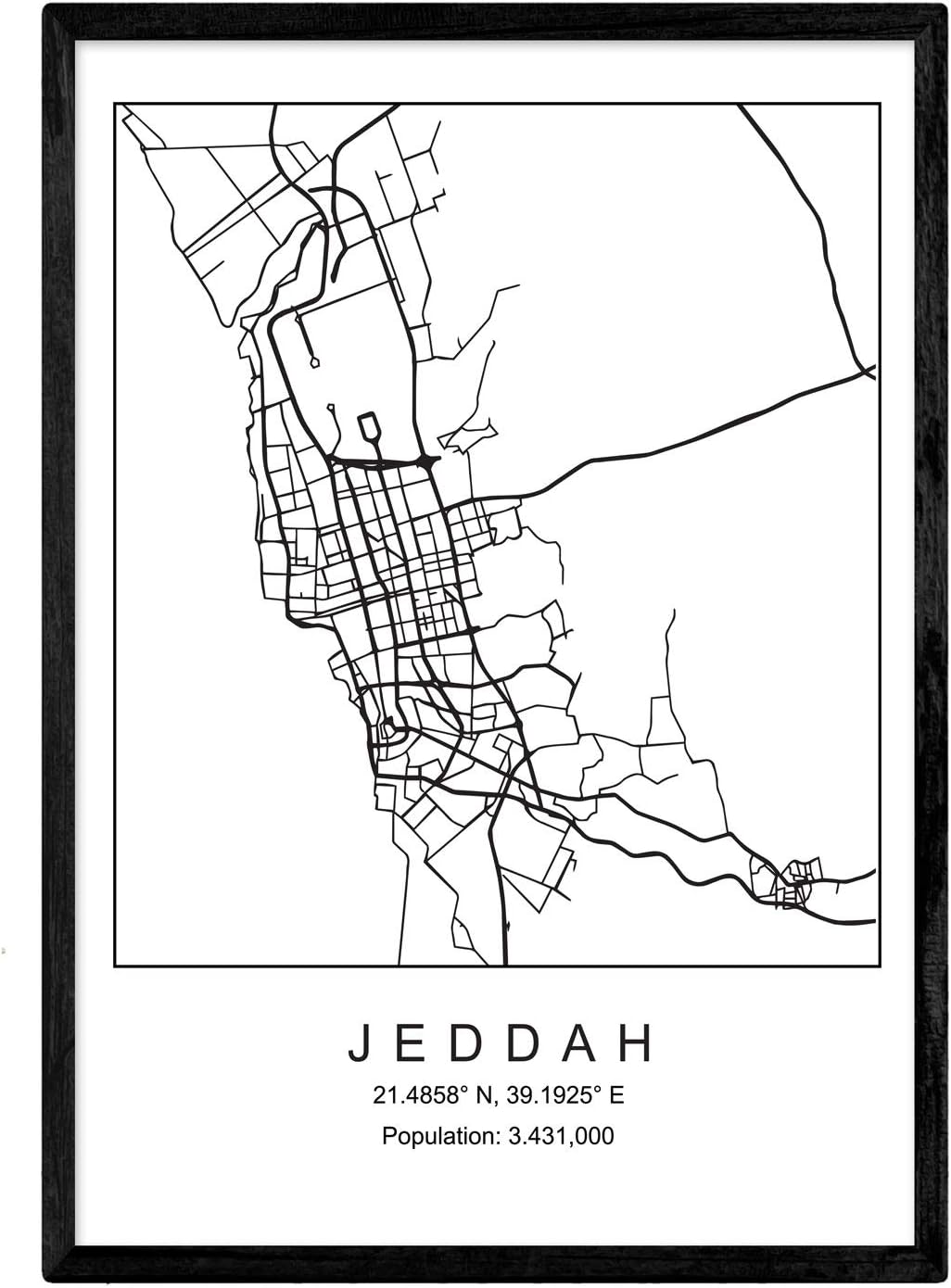 Print Jeddah city map Nordic style black and white. A3 size poster Printed paper No 250 gr. Paintings, prints and posters for living room and bedroom