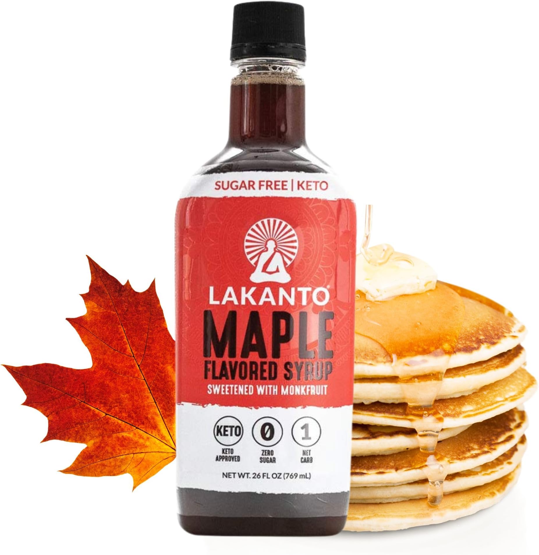 Lakanto Sugar Free Maple Syrup - Monk Fruit Sweetener, Keto Diet Friendly, Vegan, 1g Net Carbs, Pancakes, Waffles, Oatmeal, Coffee, Tea, Granola, Frosting, Marinade, Dressing (26 fl oz)