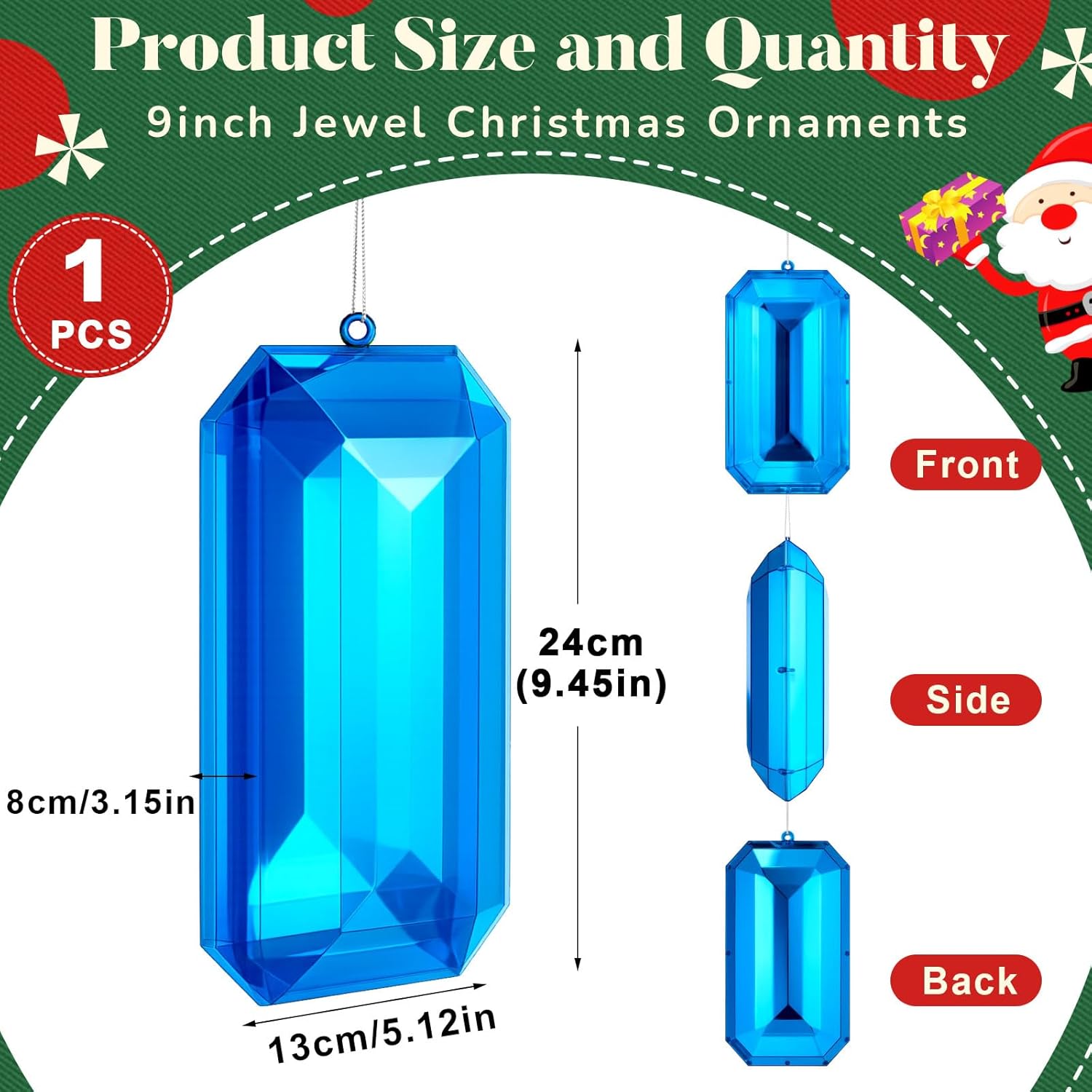 Syhood 9.5 Inch Jumbo Jewel Ornament Large Jewel Ornaments for Christmas Tree Acrylic Glitter Christmas Gem Hanging Decorations for Xmas Wedding Holiday Party Decor(Dark Blue, Rectangle) - Image 2