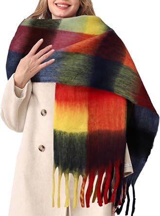 HOTIAN Womens Large Scarf Colorful Chunky Plaid Scarves Soft Winter Thick Tassel Warm Wrap Shawl