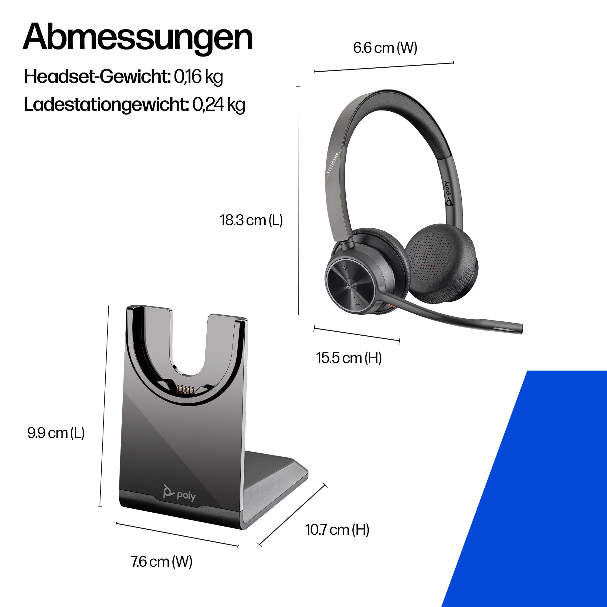 Schnurloses Poly Voyager 4320 UC-Headset und Ladestation – Stereo-Kopfhörer mit Noise Cancelling-Mikrofonarm, Verbindung mit PC/Mac/Mobiltelefon über Bluetooth, Kompatibel: Teams (zertifiziert), Zoom