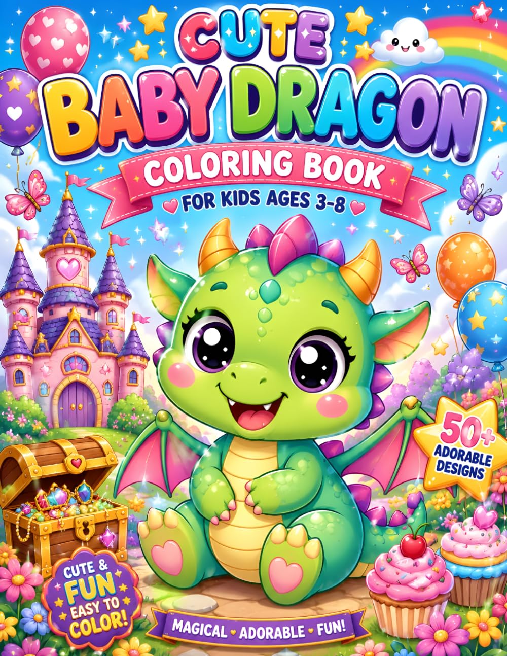 Cute Baby Dragon Coloring Book for Kids Ages 3-8: Bold and Easy Kawaii Dragon Coloring Pages for Toddlers and Young Kids