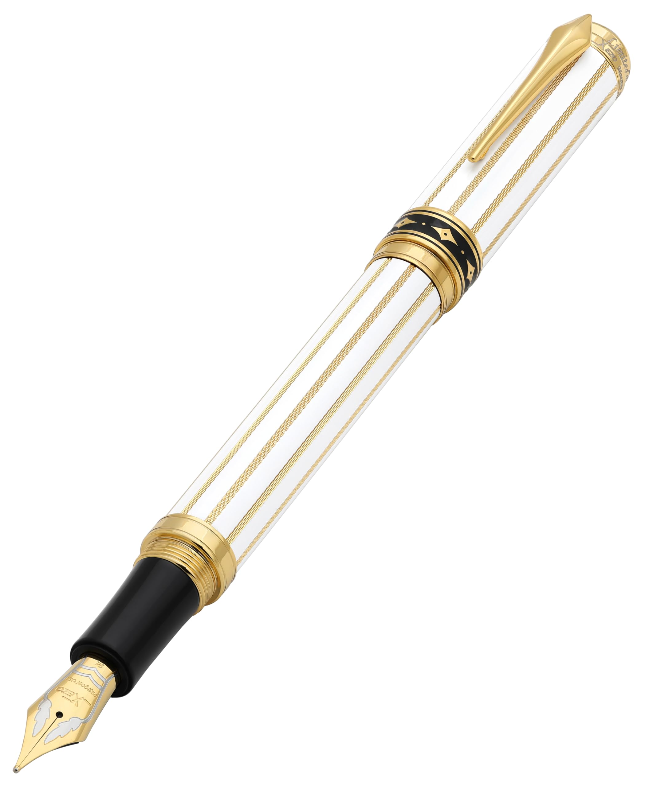 Xezo Maestro Streamliner | Guilloche-Gravur | Natürlicher Amethyst, Mittelfeiner Füllfederhalter | Weiße und goldene Akzente | Limitierte Auflage von 150 Stück | Nummeriert. Handgefertigt
