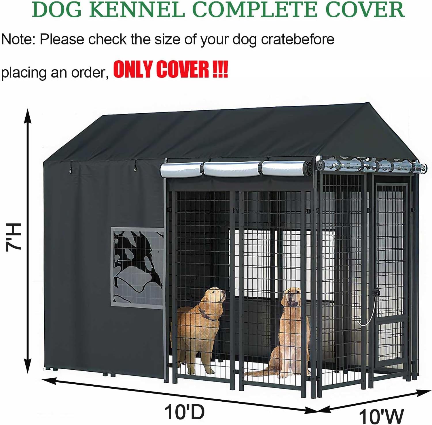 Outdoor Dog Kennel Cover, Full Coverage Windproof Anti-UV, with Transparent PVC Window, 600D Heavy Duty Waterproof Dog Kennel Cover for Dog Kennels, (Cover Only),10'Dx10'Wx7'H