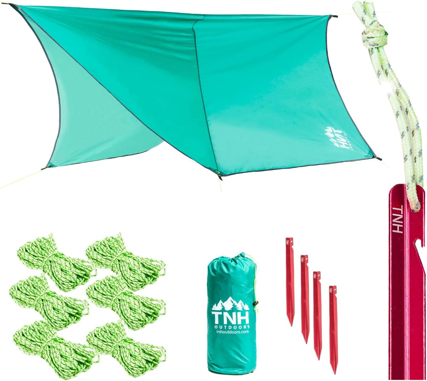 Hammock Fly Tarp 9 x 12 ft, Hexagonal Rain Fly or Lightweight Tent for Camping, Stronger Single Latch Aluminum Stakes, Ready for Double Hammocks & Storms