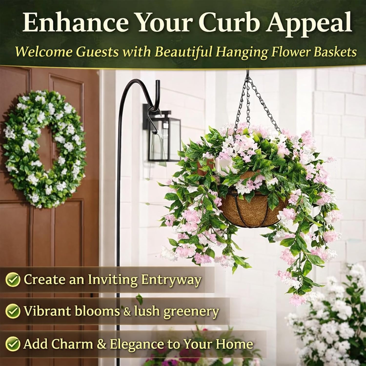 15" Faux Crepe Myrtle Hanging Baskets – Set of 2, UV Resistant Lifelike Artificial Flowers, Rainproof and Fade-Resistant Preserved - Never Wither or Fall (White-2pcs)