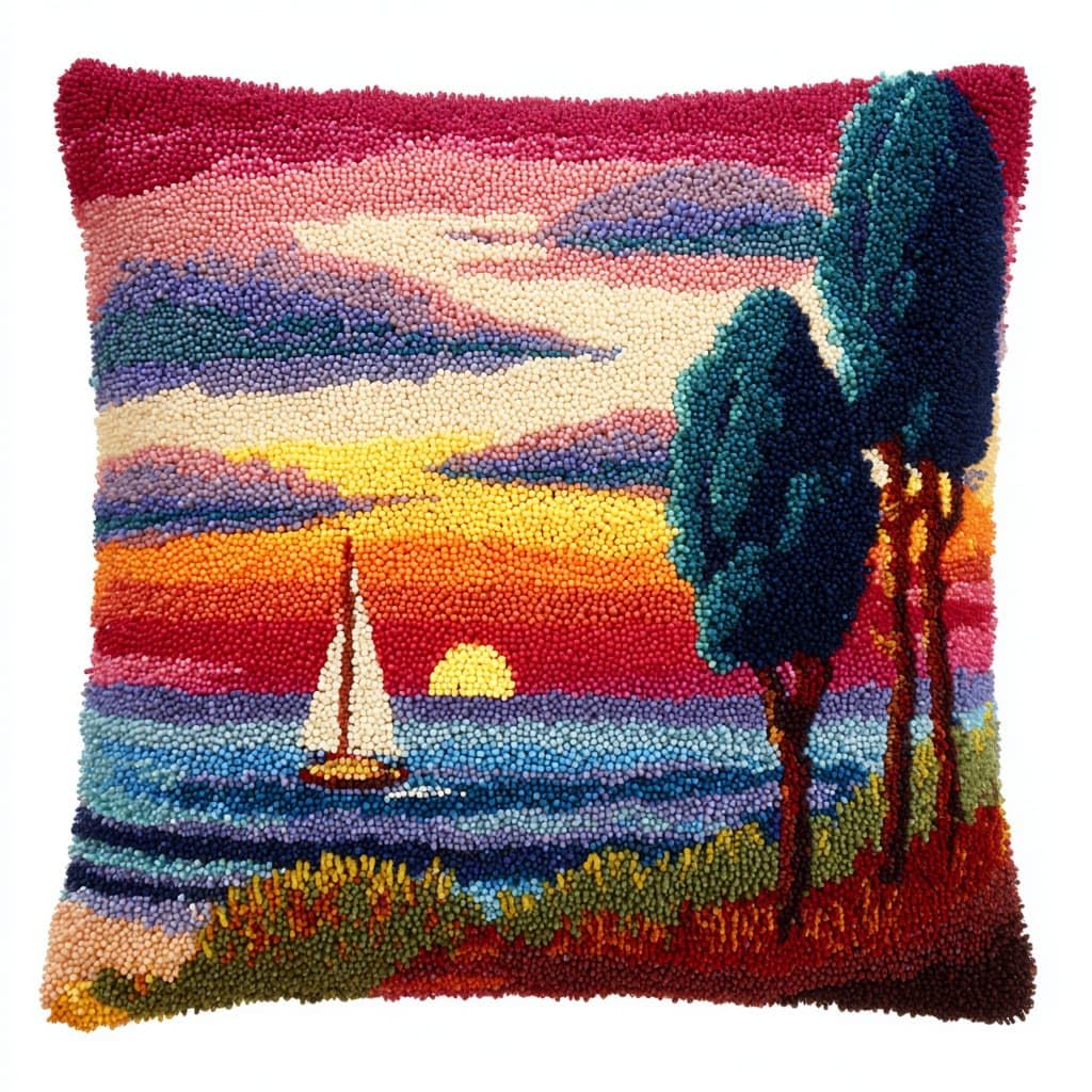 Henypt Latch Hook Cushion Kits 17X17inch, Seaside Scenery