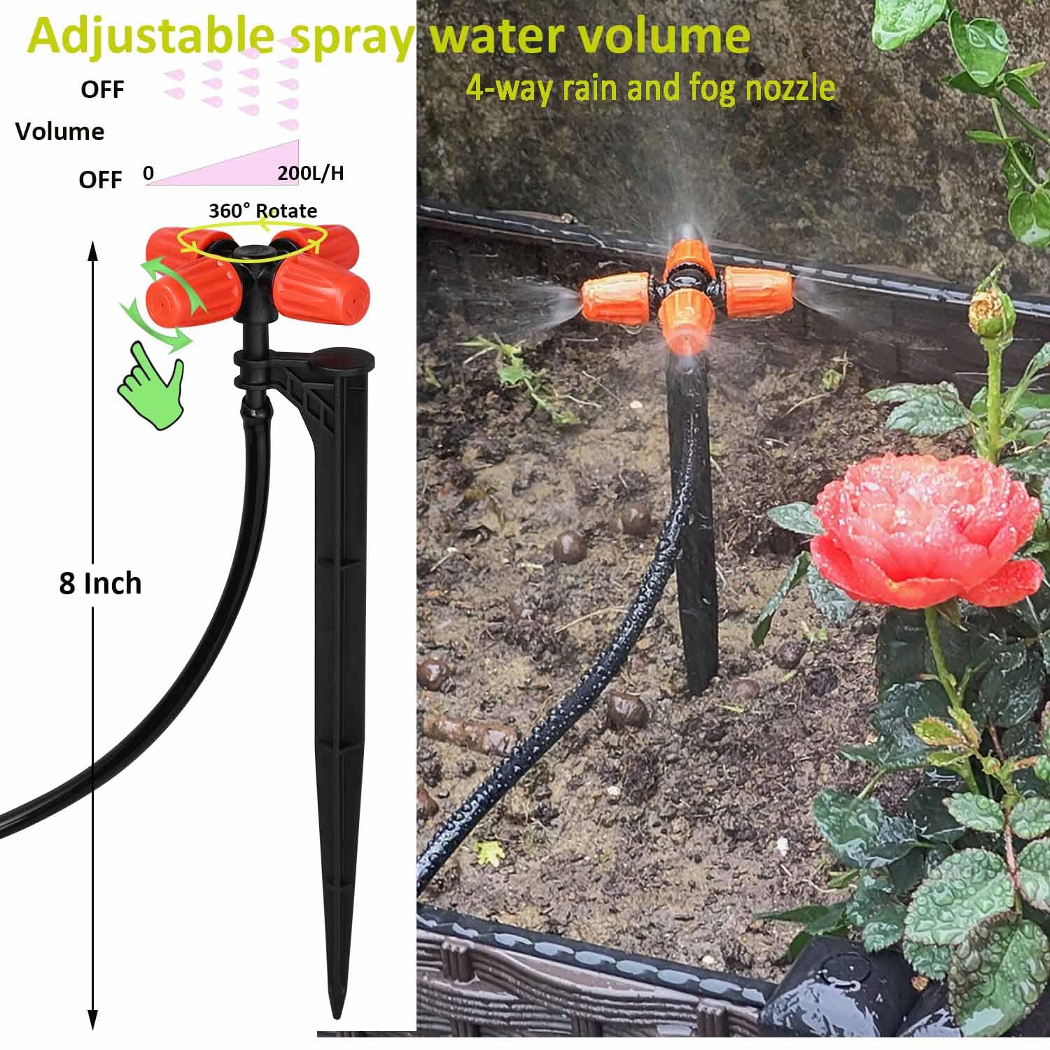 Kit de riego por goteo sistema de riego automático con temporizador de agua de 64 pies, tubo de 1/4 y 12 boquillas de riego de lluvia en 4 direcciones para plantas en maceta, patio, césped, plantas