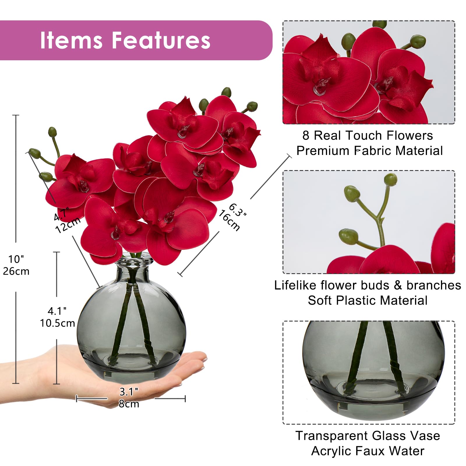 Hollyone 2pcs Artificial Red Orchid Flower in Vase, Small Fake Orchid Plant with Glass Vase - Image 2