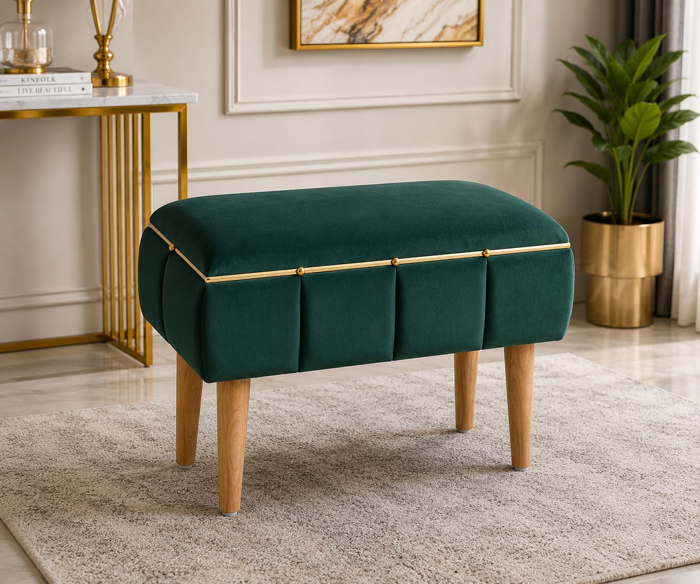 Velvet Upholstered Rectangular Ottoman Bench with Wooden Legs & Gold Accent Strip | Multipurpose Footrest & Seating Stool for Living Room, Bedroom & Dressing Area | 60x45x30 cm | Green-image-6