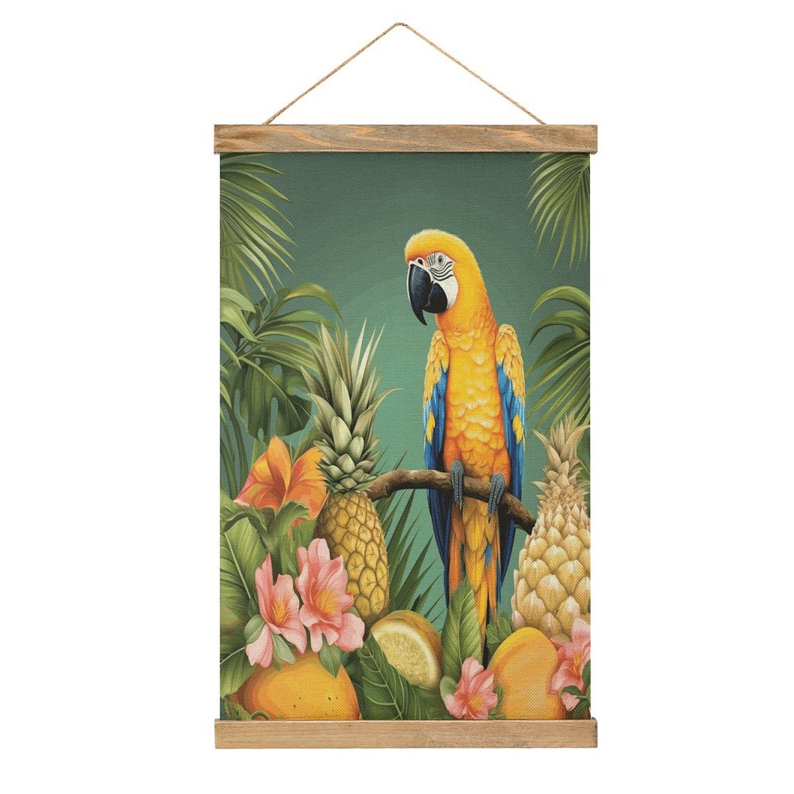 FekiLoot Summer Parrot Pineapple Bird Linen Hanging Painting Vintage Poster Hanger Frame Wall Decor Art Painting Printed on Linen Without Fading Living Room Office Bedroom Playroom Apartment Decor