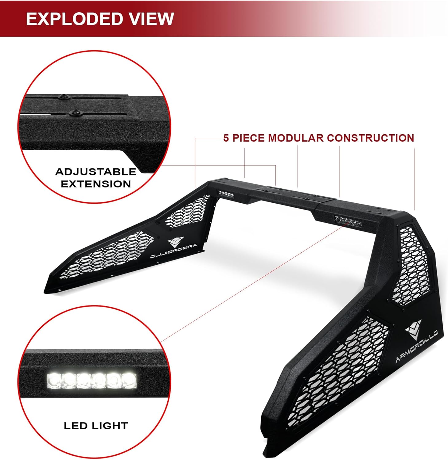 Armordillo CRS Roll Bar Chase Rack For 1/2 Ton Full Size Trucks|2x LED Light Lamps|04-24 F150 F-150|07-18 Silverado Sierra 1500|07-24 Tundra|04-24 Titan|19-24 Ram 1500|CR-S Mesh 8707814 Textured Black