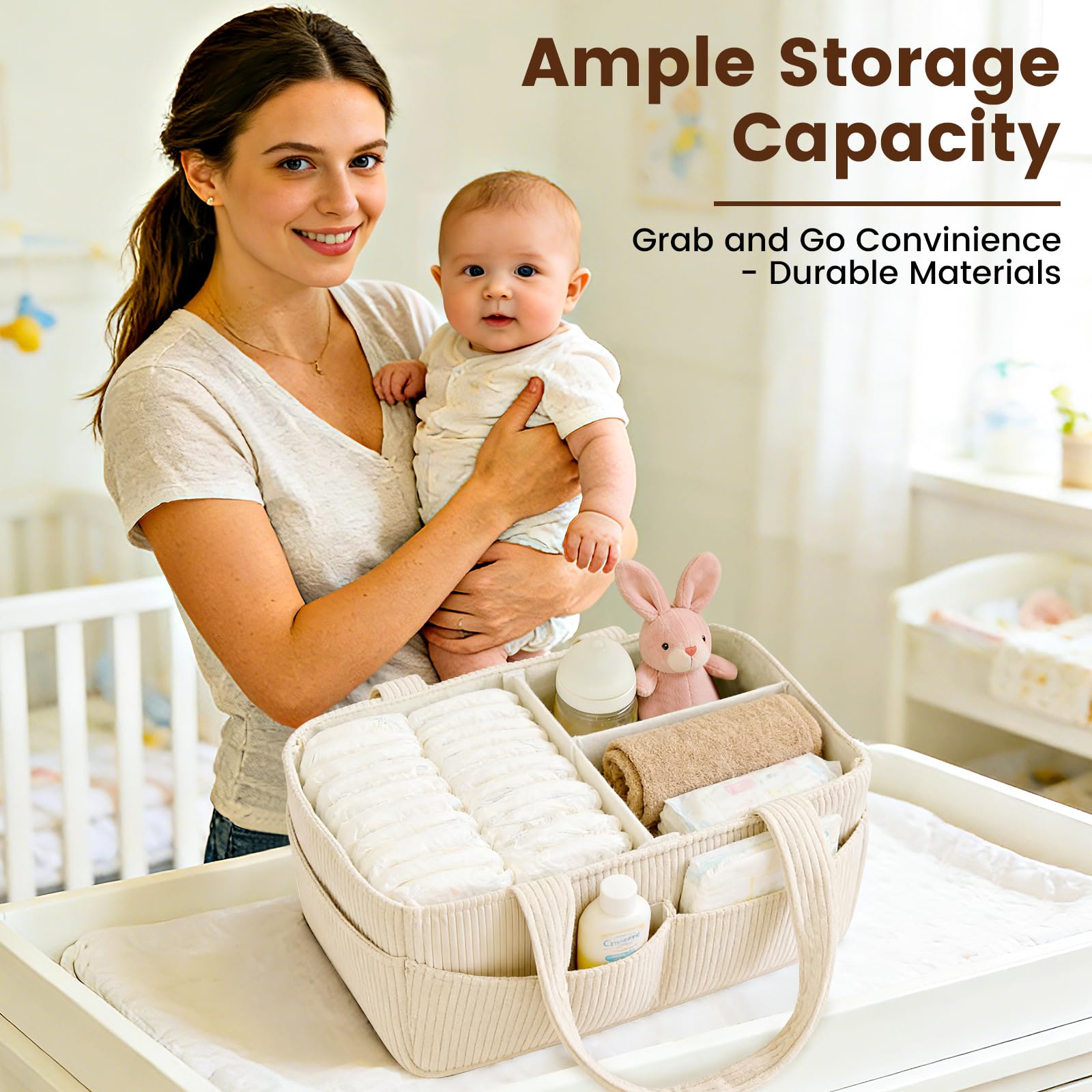 Panier Rangement Bébé, Panier Rangement Bébé Table a Langer, avec Compartiments Amovible et Poignées, Parfait Pour Les Essentiels Du Nouveau Né, Le Changement Des Couches