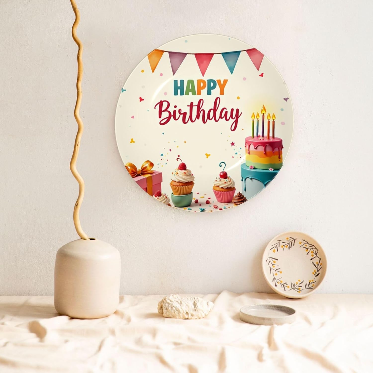 Happy Birthday Scene Style Ceramic Plate Display Decorative Plate With Stand Wall Hanging Plate For Home Decor 10 Inch