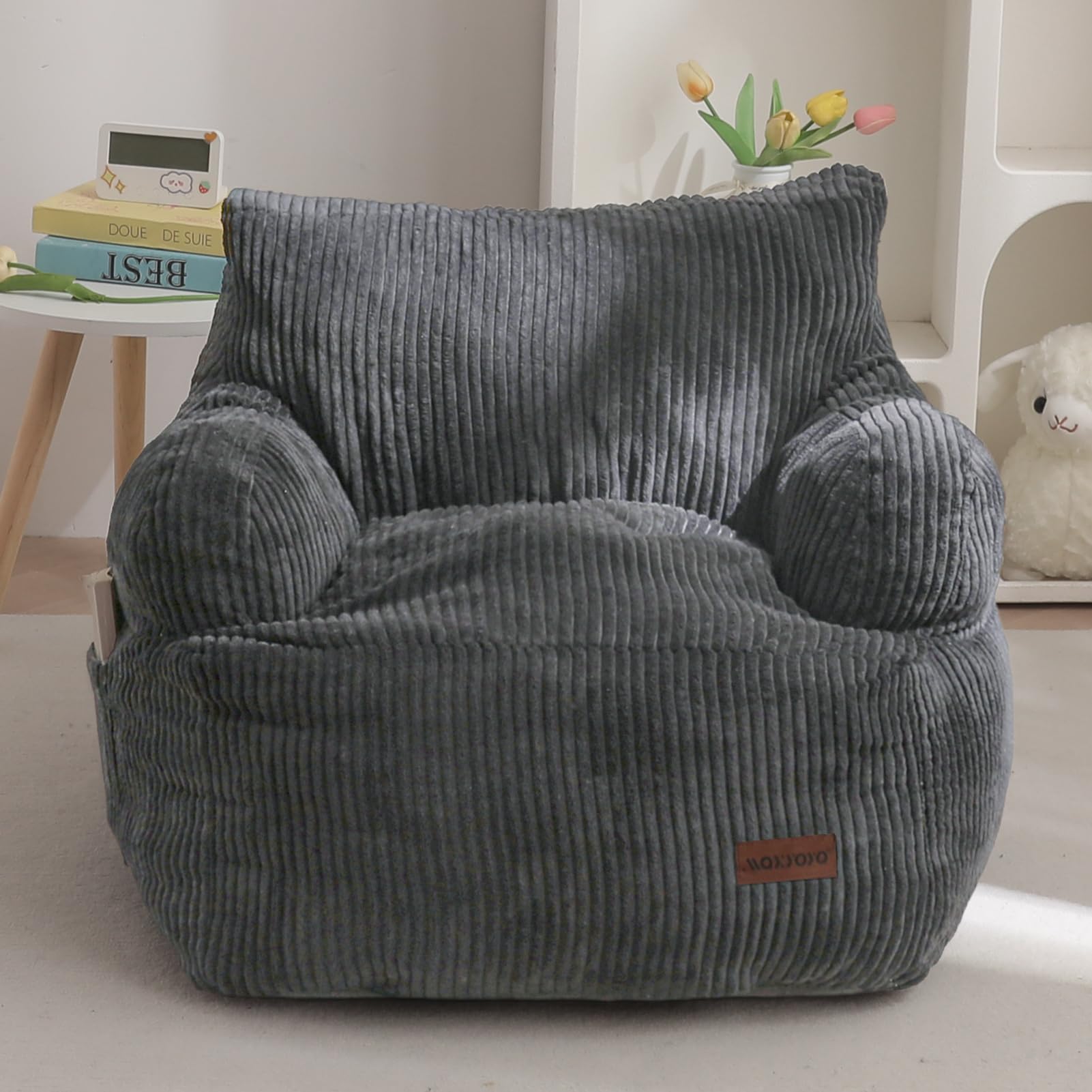 MAXYOYO Kids Bean Bag Chair, Stuffed Toddler Bean Bag Sofa with Filler Bean Bag Chair for Boys and Girls, Lazy Sofa with Pocket Floor Chair for Gaming, Reading, Dark Grey