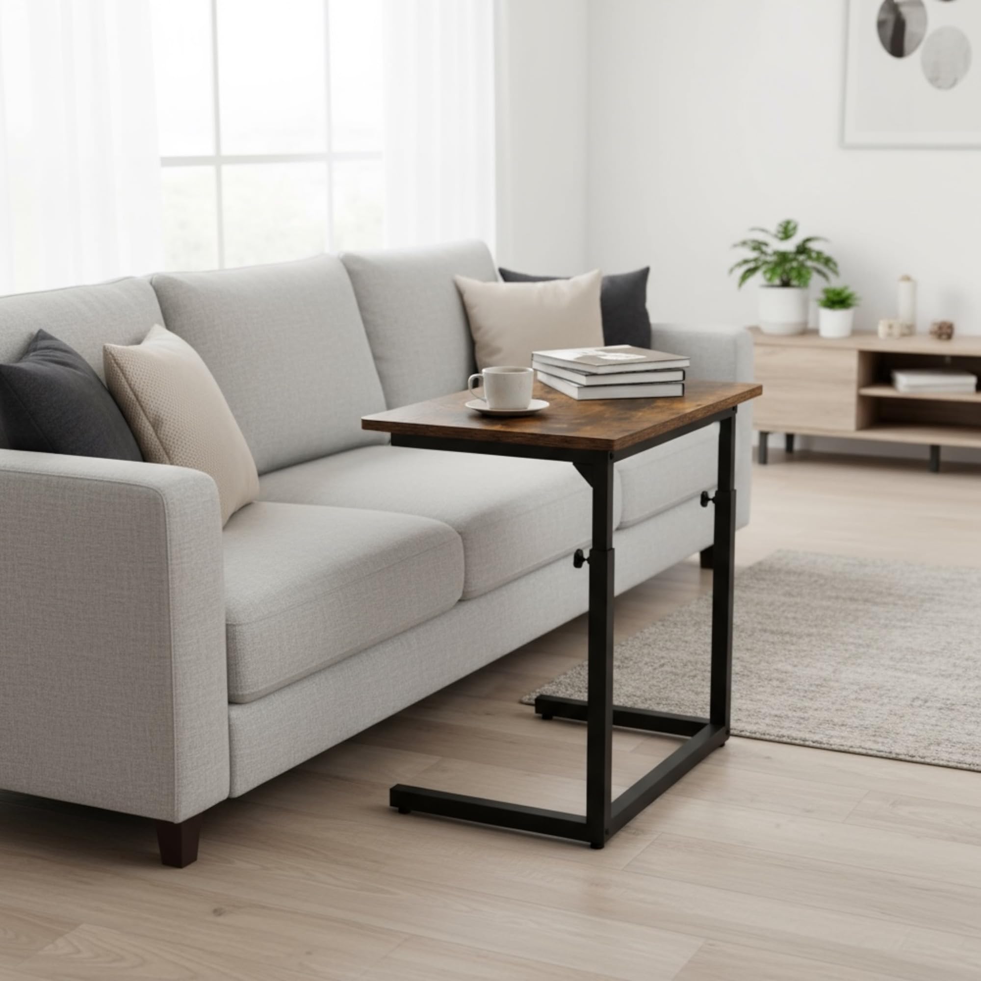 Tinymod C-Shaped Sofa Side Table for Couch & Bed, Height Adjustable Laptop Table, Rustic Brown