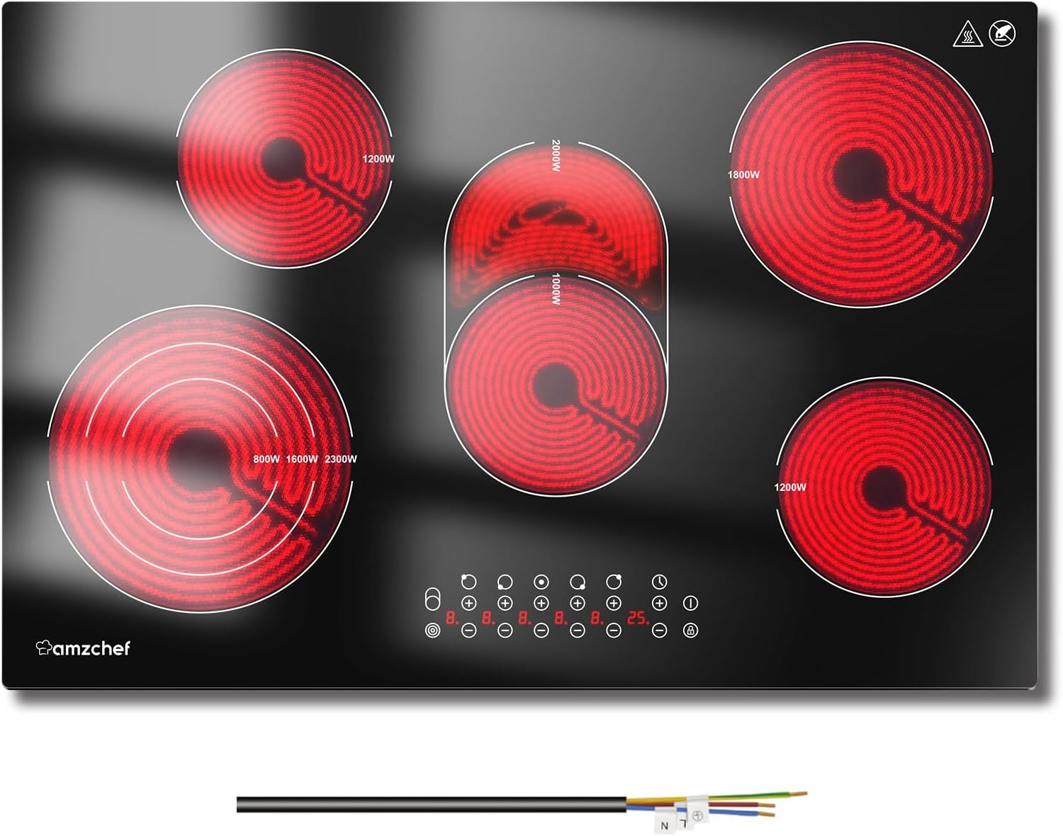 AMZCHEF 30 Inch Electric Cooktop 5 Burners 8500W Electric Stove Top, Built-in Ceramic Cooktop with Expandable Burners, Child Safety Lock, Touch Control, Timer, 220-240V, Hard Wire AMZCHEF 30 Inch Electric Cooktop 5 Burners 8500W Electric Stove Top, Built-in Ceramic Cooktop with Expandable Burners, Child Safety Lock, Touch Control, Timer, 220-240V, Hard Wire