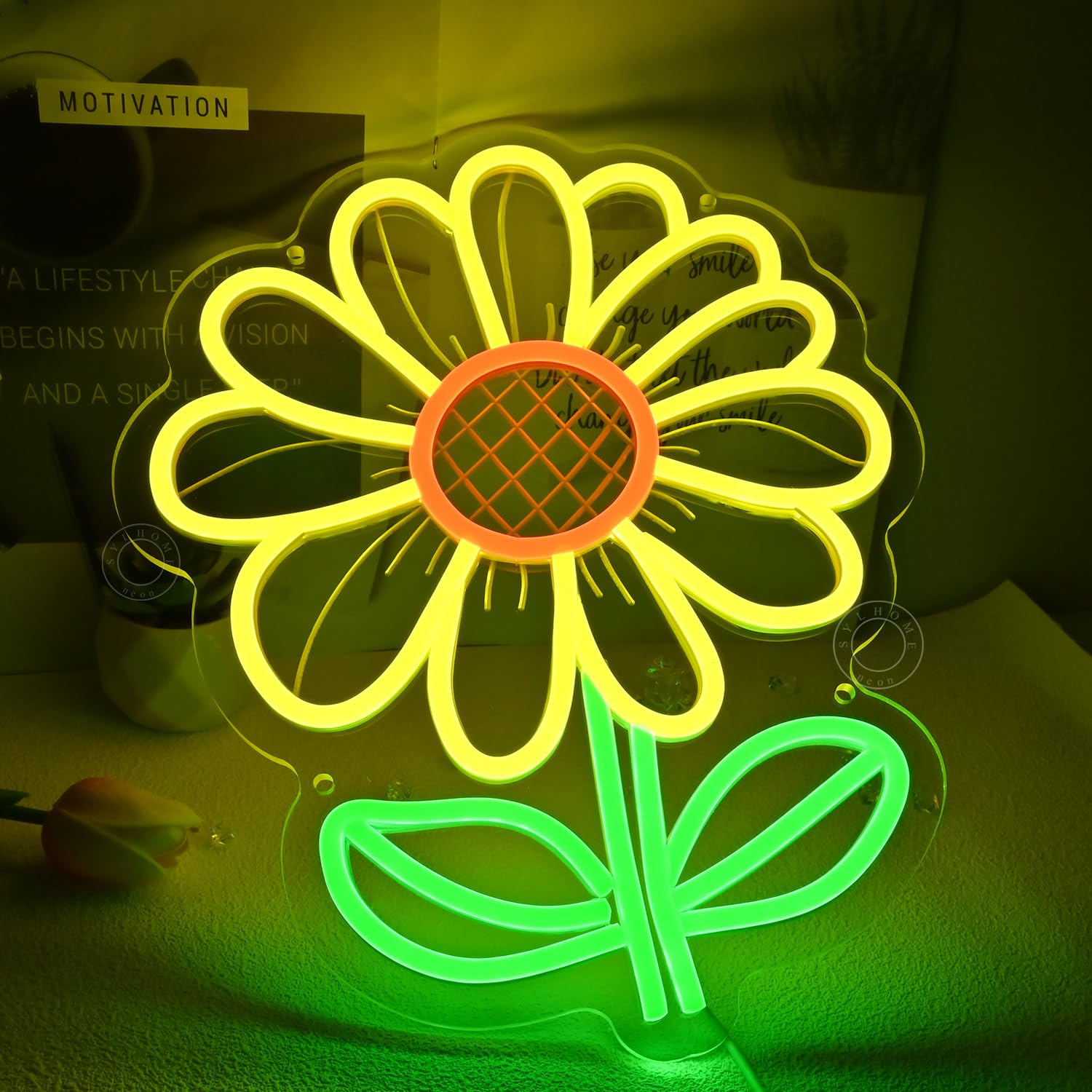 SYLHOME Letrero de luz LED de neón con diseño de girasol, para dormitorio, sala de estar, habitación de niños, aula, decoración de pared, sala de juegos, cumpleaños, Navidad, fiesta, regalos, 13.7 x
