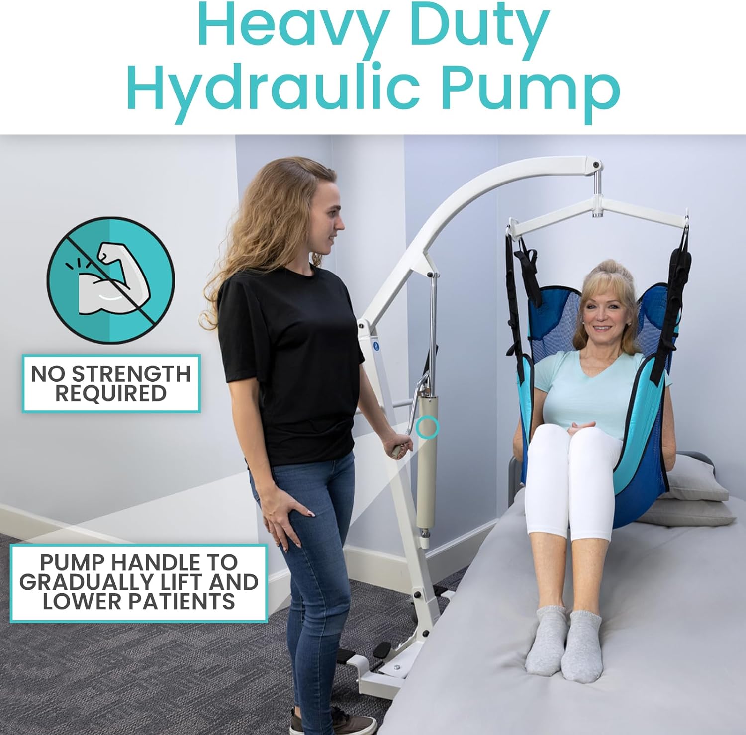 Caregiver operating the heavy-duty hydraulic pump of the Vive Patient Lift to raise a patient in a sling.