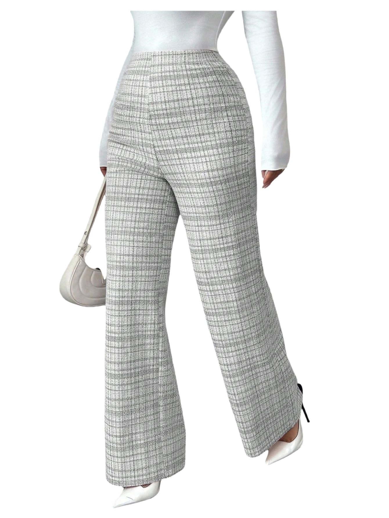 Floerns Womens Elastic High Waist Plaid Straight Leg Pants Fall Clothes Knitted Trousers