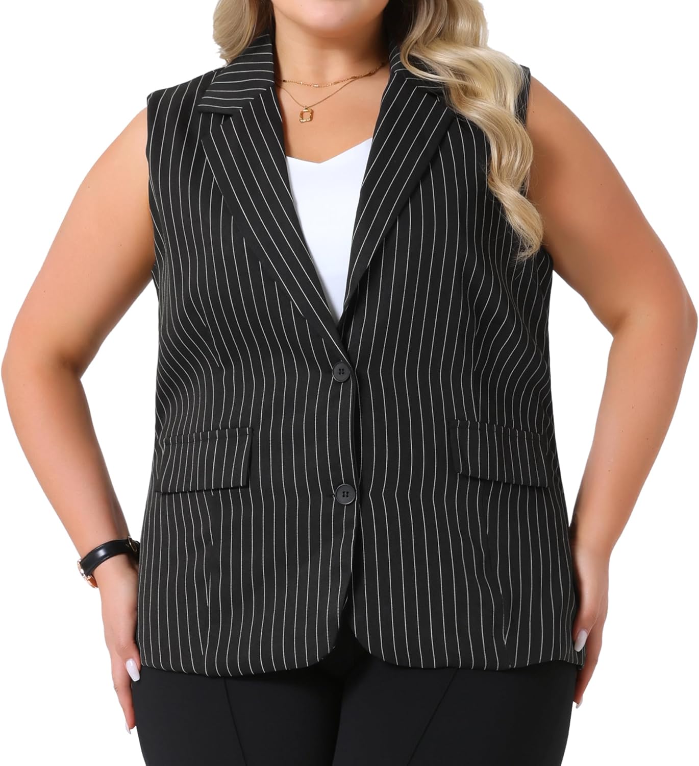 Agnes Orinda Plus Size Sleeveless Blazer Vest for Women Lapel V Neck Stripes Button Up Work Office Suit Vests