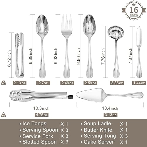 Miniatura 3 de KINGSTONE Juego de 16 utensilios de servir en forma de lágrima de acero inoxidable 1810, cucharas ranuradas, tenedores, pinzas, servidor de