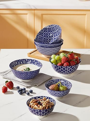 Miniatura 3 de Tazones de cerámica para cereales, cuencos azules y blancos de 23 onzas, juego de cuencos de sopa de porcelana para ensalada, postre, pasta, helado,