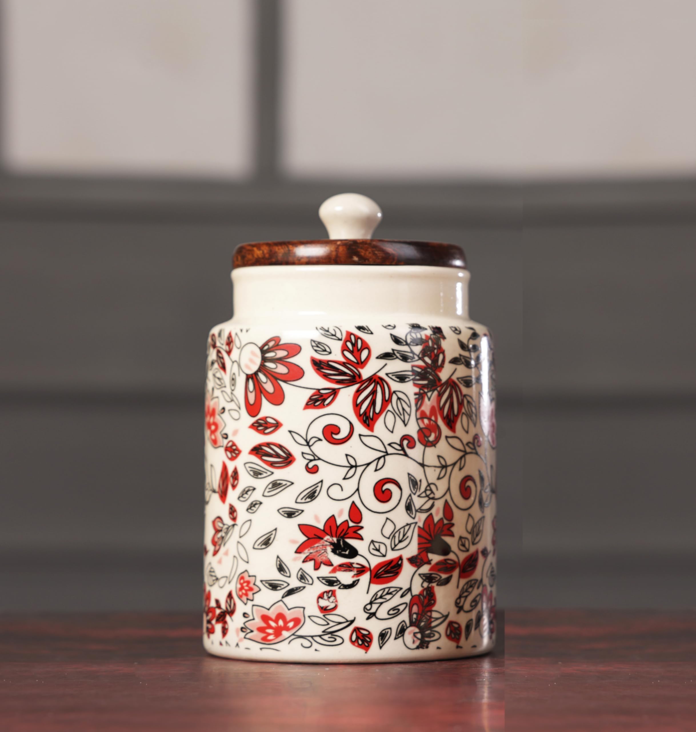 Ceramic Storage Jar with Wooden Lid, Floral Pattern, Airtight Container for Dry Fruits, Cookies, Sugar, Salt, 1000 ML Capacity, Pack of 1 (1, Brown Red Flowers, Small)
