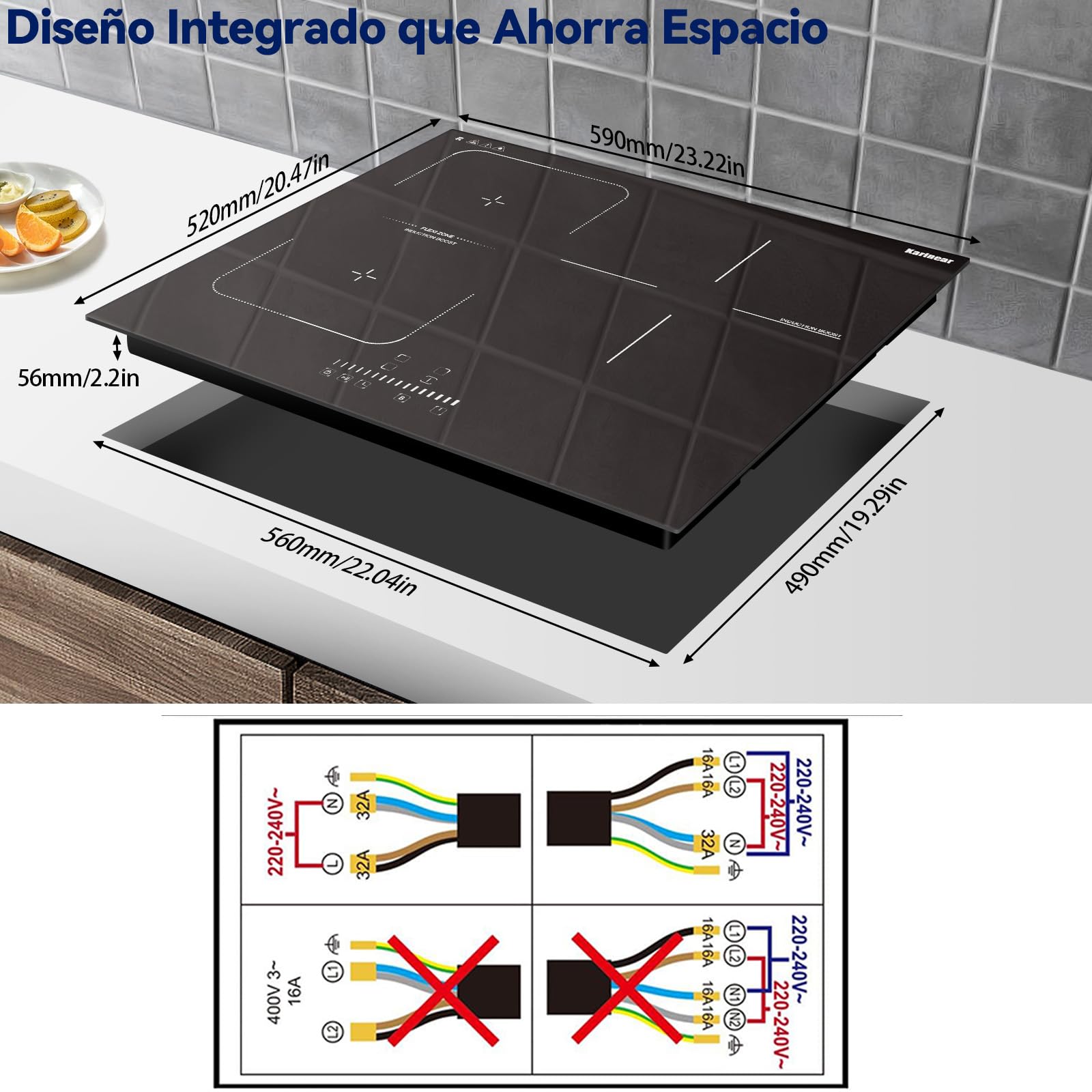 Placa Induccion 3 Fuegos con Zona Flexible, Inducción Integrada 60CM, 6800W