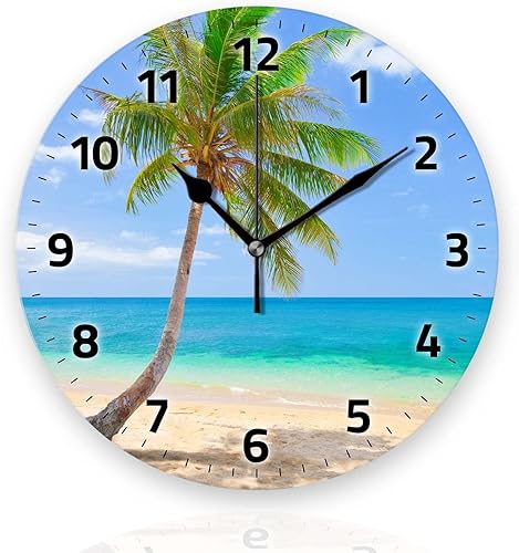 Tiawutal Relojes de pared a pilas de 12 pulgadas, cocoteros junto al mar, decoración silenciosa del hogar de verano para baño, sala de estar,