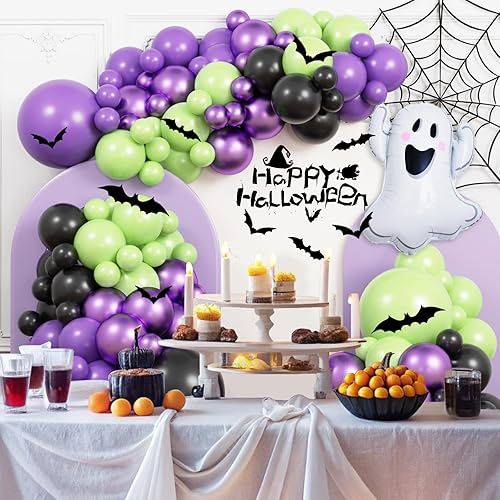 Miniatura 5 de JOGAMS 164 globos metálicos de Halloween morados y verdes con calcomanías de murciélago 3D, globos de fantasma para decoraciones de fiesta temática