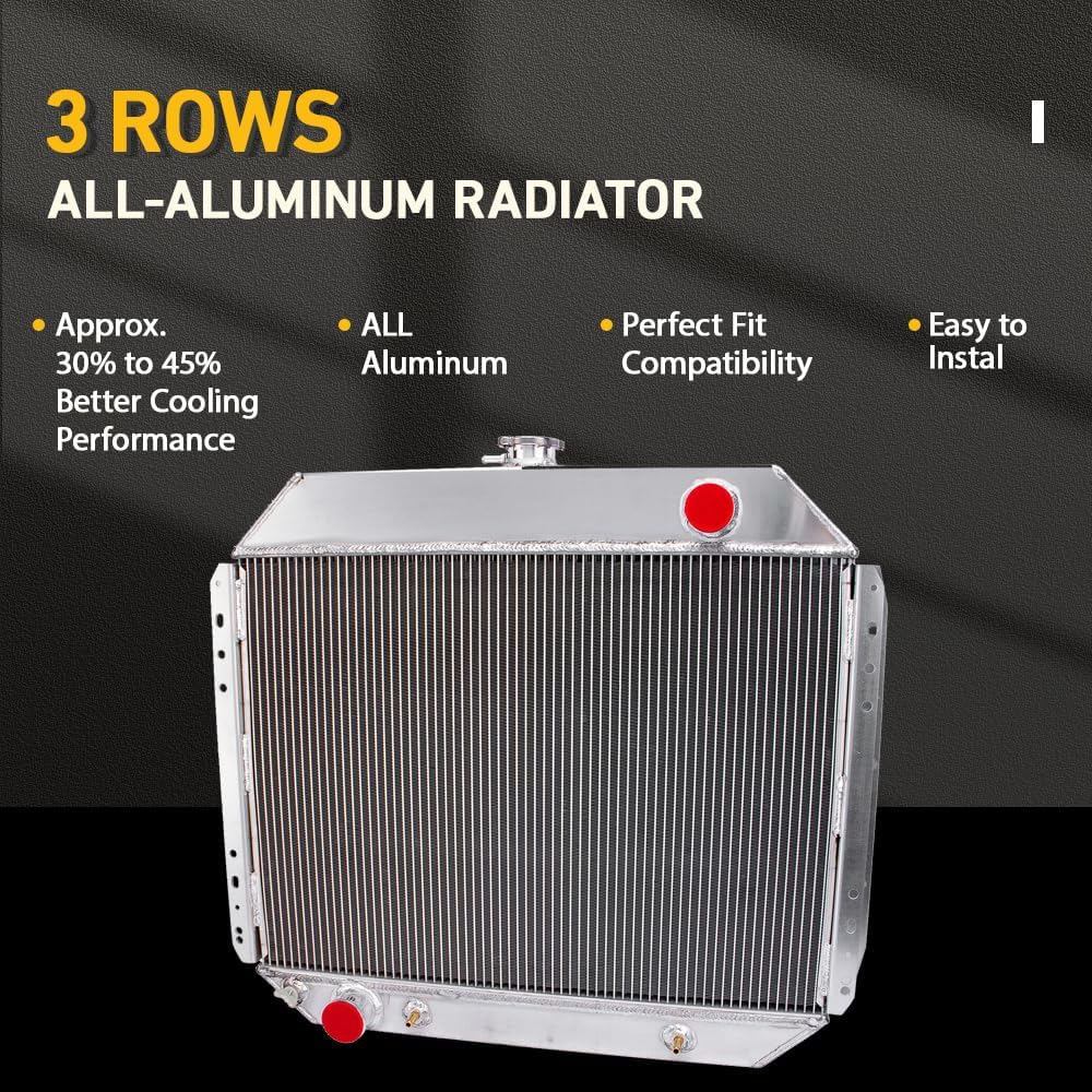 CU433 Aluminum Radiator for 1966-1979 Ford F100 F150 F250 F350 Bronco Truck Pickup 4.7L 5.0L 5.8L 7.5L I6 V8, F100 Radiator, F150 Radiator, 3 Row Core Cooling Radiator