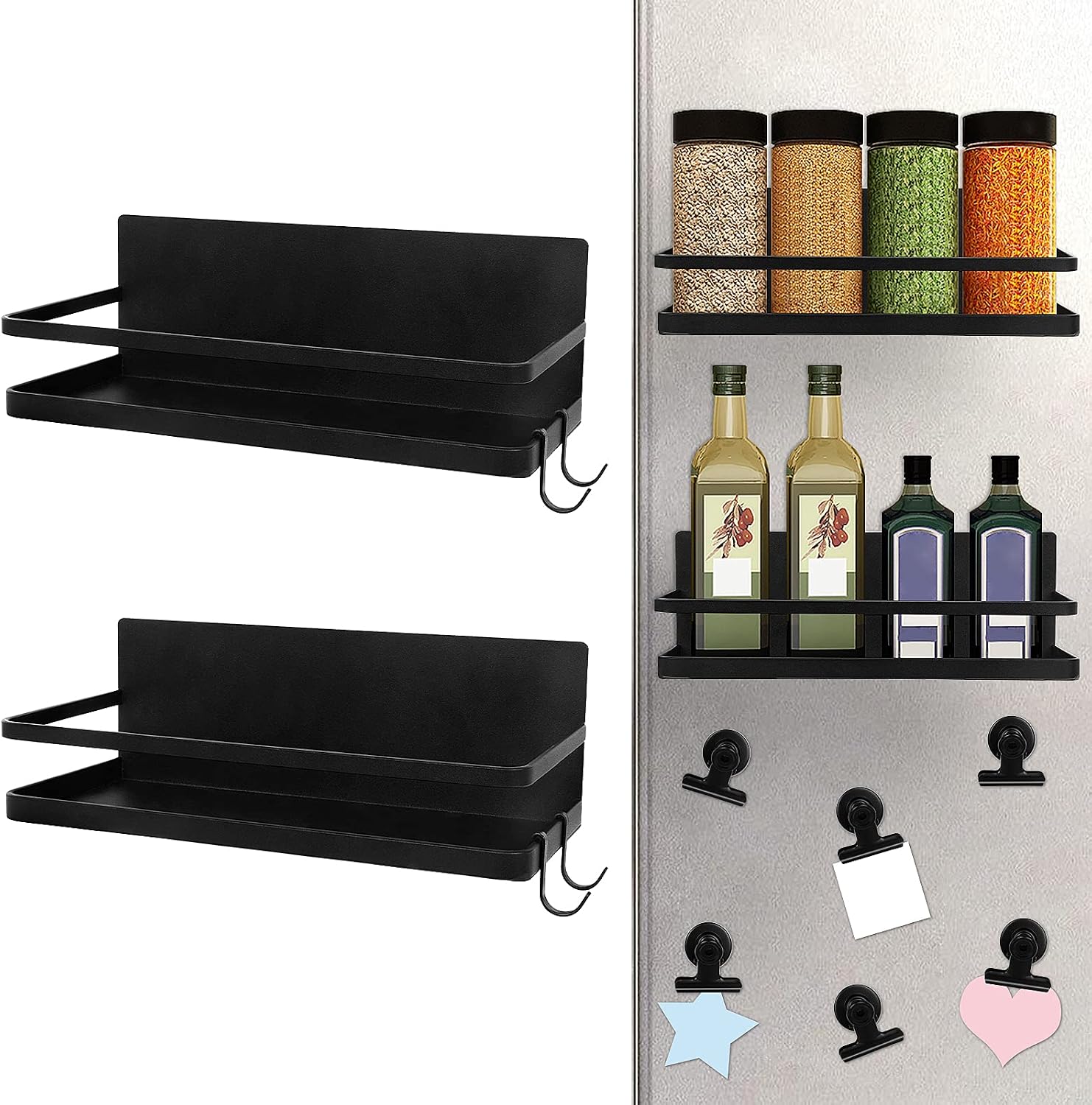 Magnetic Spice Rack Organizer with 4 Removable Hooks & 6 Magnetic Clips, LADER Single Tier Refrigerator Spice Storage Shelf for Hold Spices, Olive Oil, Cooking Oils, Salt, Pepper(2 Pack) (Black)