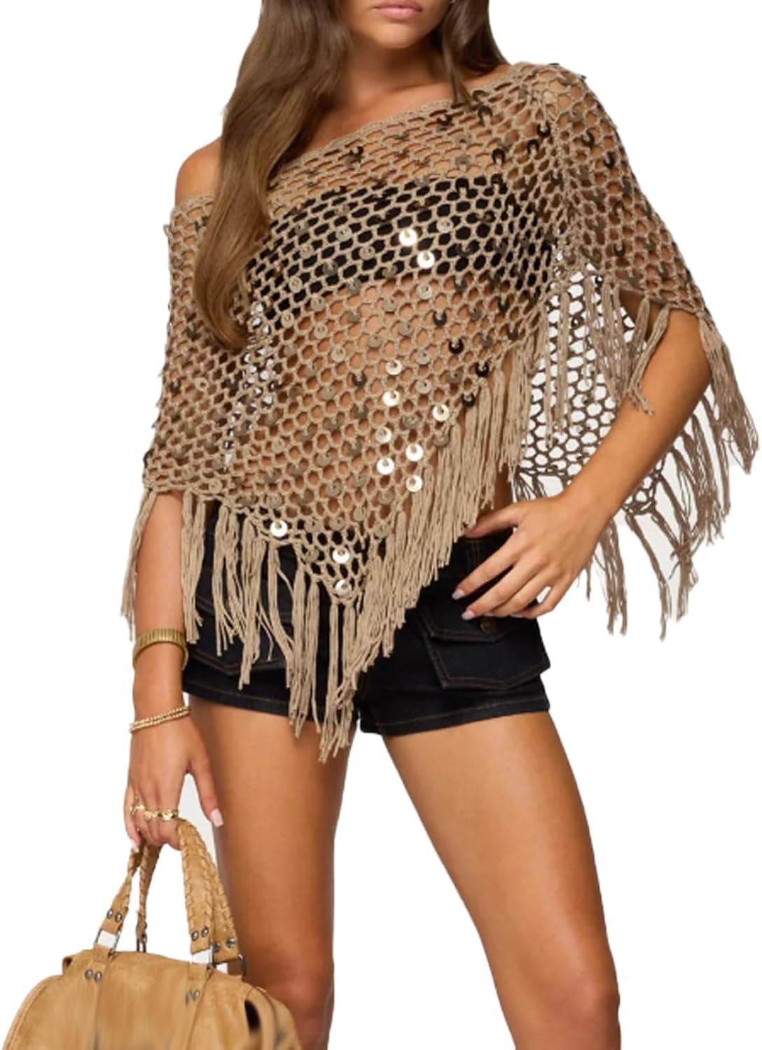 Fringe Sequin Crochet Poncho Women Sheer Poncho Top Lightweight Knit Mesh Batwing Sleeve Beachwear Cover Up Tops