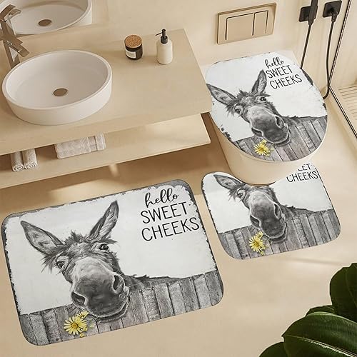 Miniatura 6 de Juego de 4 cortinas de ducha con alfombrilla de baño antideslizante y alfombra de inodoro, diseño rústico de burro divertido en blanco y negro