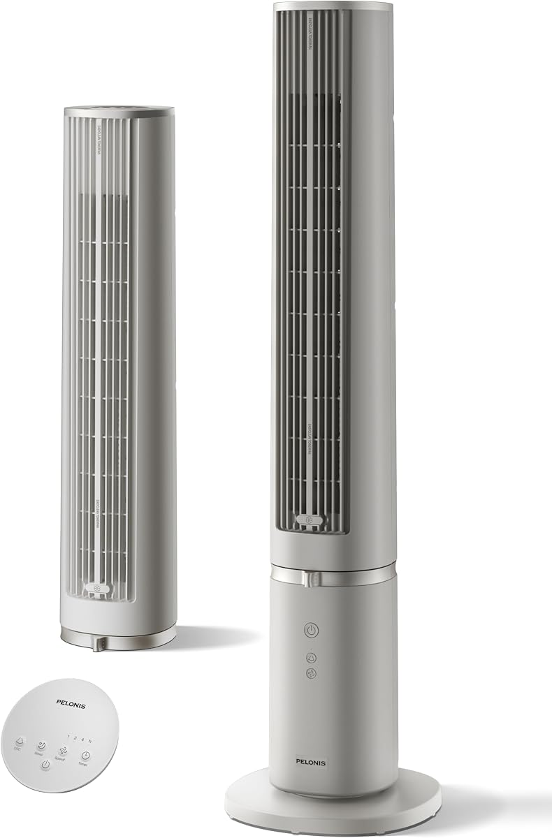 PELONIS 40-Inch Oscillating Tower Fan with Remote for Bedroom, Khaki | Standing Cooling Fan, Washable Design, 2000 CFM, 28ft/s Airflow, 4 Speed, 2 Modes, 90° Oscillation, Quiet 23dB, 7-Hr Timer