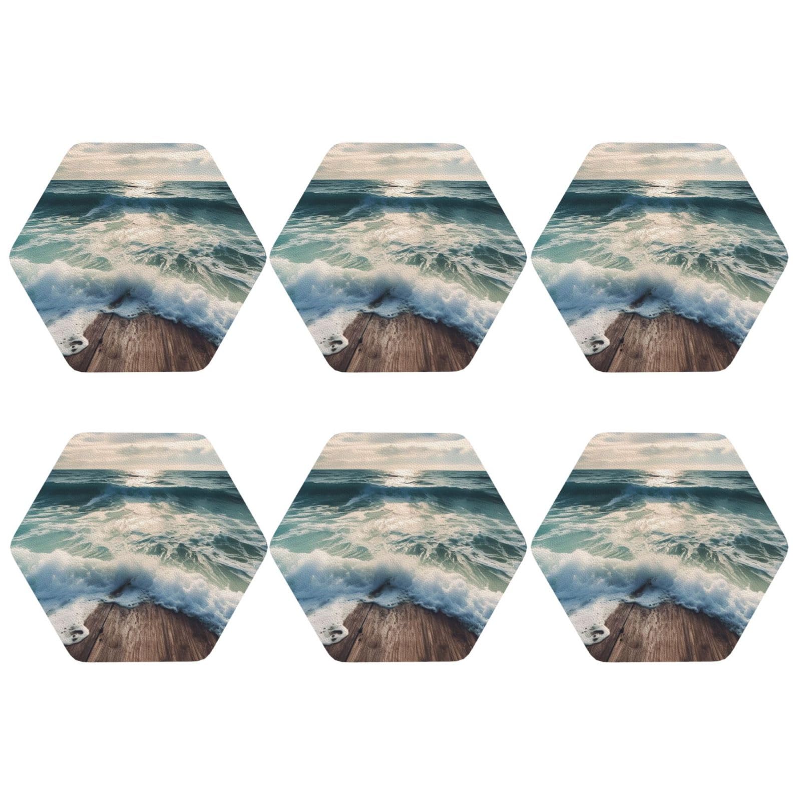 6pcs Leather Coasters for Drinks, Sea On The Boards Drink Coasters for Tabletop Protection, 4" Cup Coasters for Coffee Table Decor, Non-Slip Drinking Cup Mat for Hot Or Cold Drink