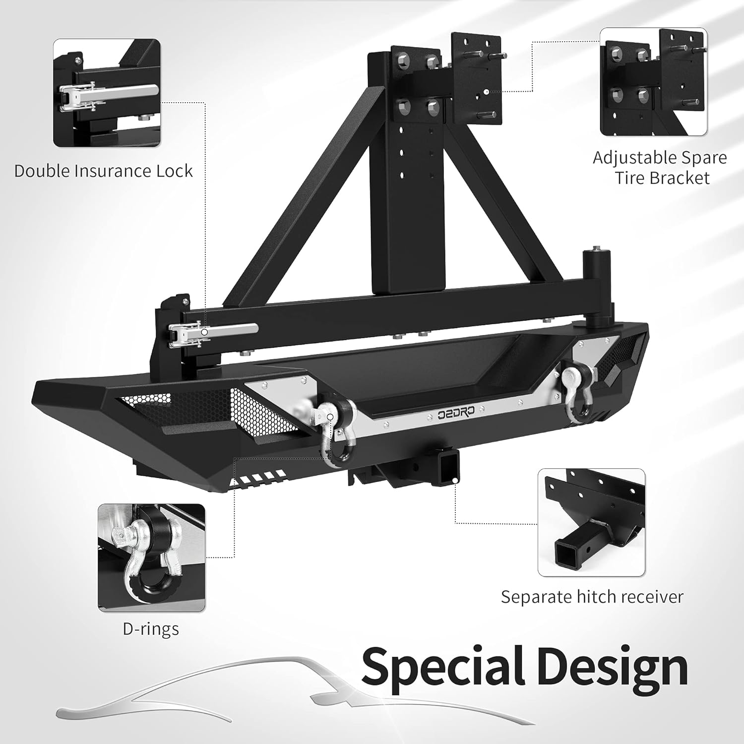 OEDRO Rear Bumper w/Tire Carrier Compatible for 2007-2018 Jeep Wrangler JK & Unlimited JKU, Off Road Full Width Back Bumper w/Hitch Receiver & D-Rings & Reflective Armor