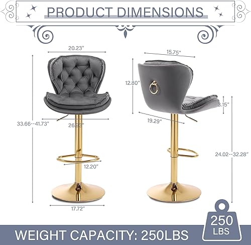 Miniatura 3 de Juego de 2 taburetes de bar giratorios de altura de mostrador con parte trasera tapizada de terciopelo, taburete ajustable y moderno de siglo