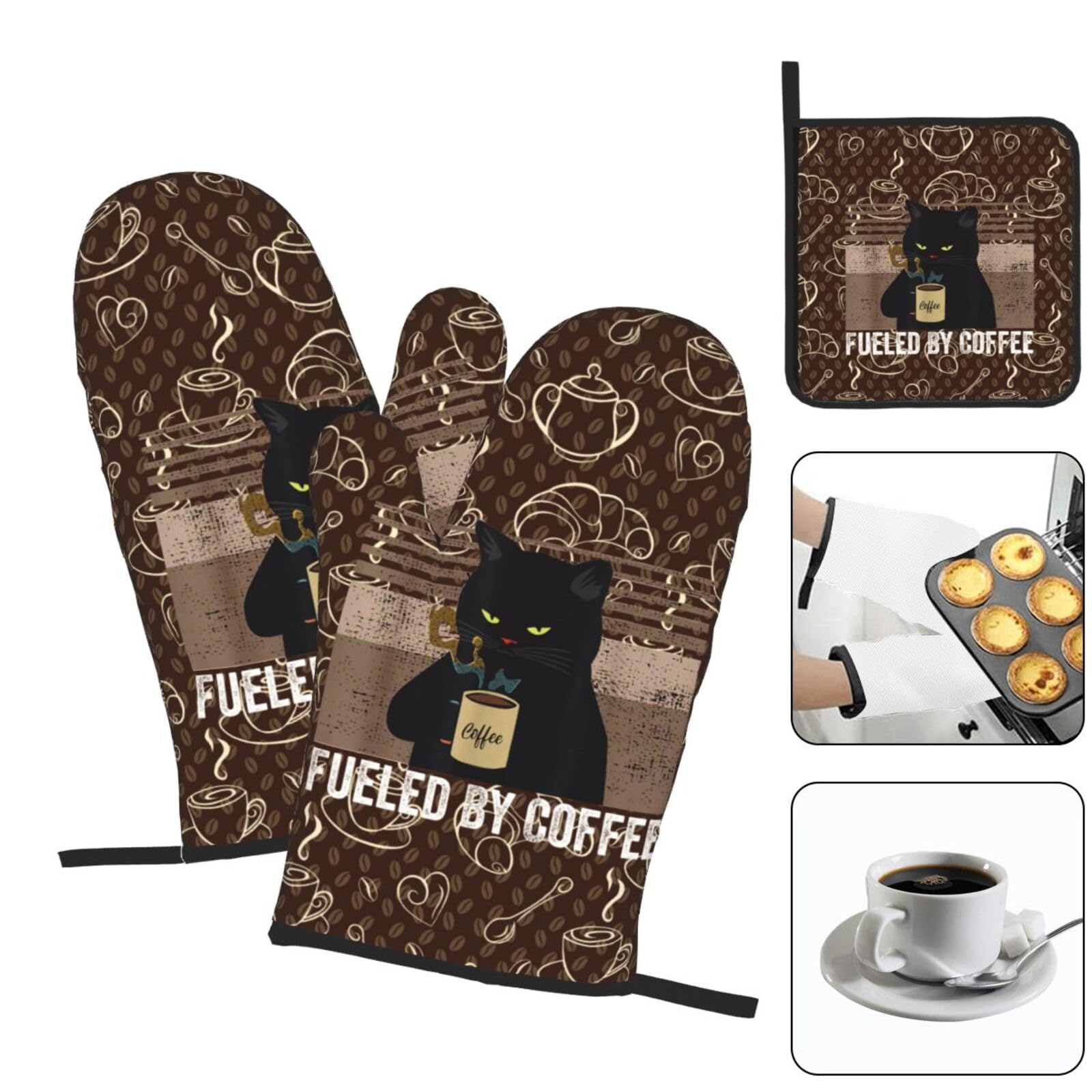 Ofenhandschuhe und Topflappen, Vintage-Katzen-Set, 3er-Set, Retro-Kaffee-Pads, Ofenhandschuhe, hitzebeständig, rutschfest, waschbar, für Küche, Kochen, Grillen, Backen