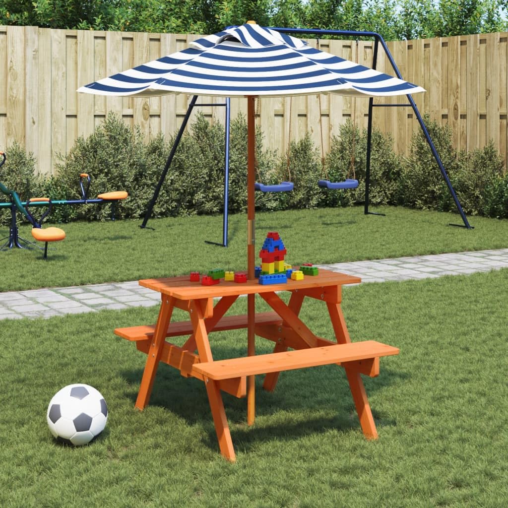 Tavolo da picnic per 4 bambini con ombrellone in legno di abete massiccio, tavolo da giardino, terrazza, balcone, resistente alle intemperie, stabile, ideale per picnic all'aperto e campeggio