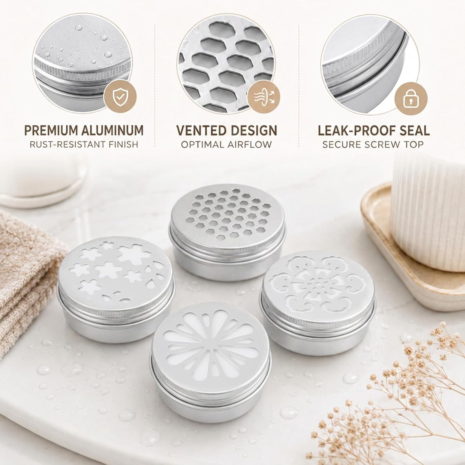 Psyqtsuary 4 Pcs 2oz Scent Beads Container, Empty Metal Tins Storage Containers with Hollow Lids Perfume Air Freshener Diffuser Refillable Small Round Jars for Aromatherapy Travel Storage
