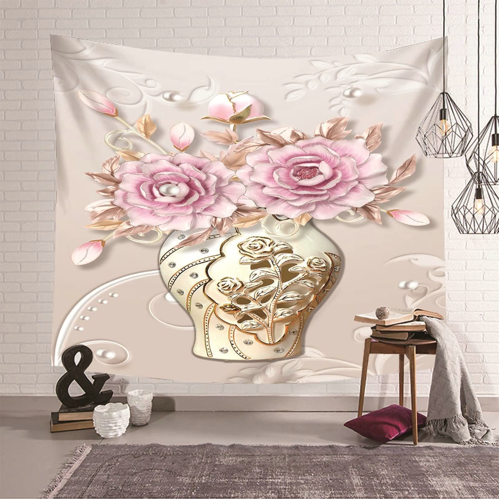 Tapiz de pared decorativo con flores rosas y jarrón de poliéster 150x130