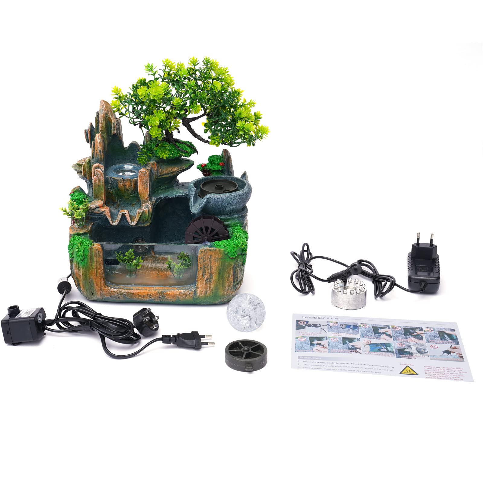 Fuente de mesa de cascada, 220 V, resina con luz LED, pequeña fuente de agua rocosa para interior con lámpara LED, efecto atomizador, 25 x 15 x 27 cm