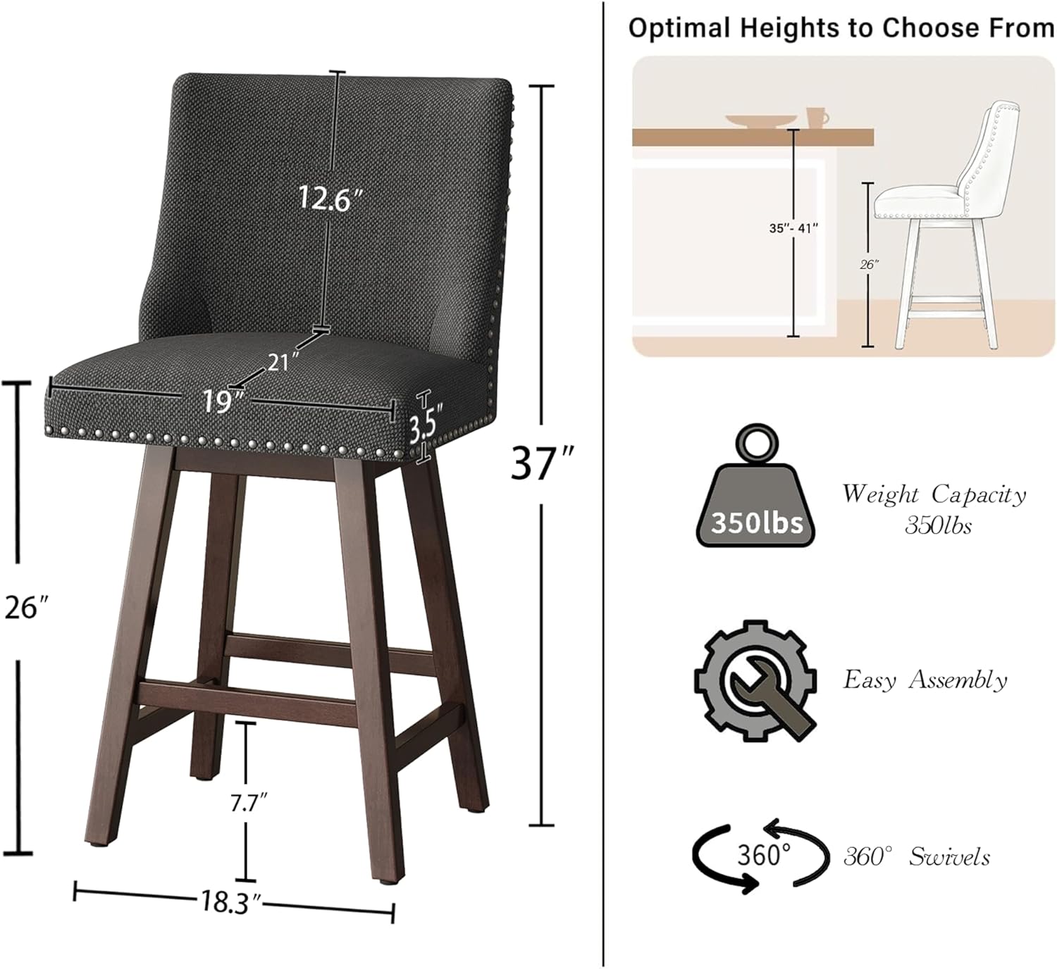Counter Height Swivel Bar Stools,Bar Stools Set of 3,26 Inch Modern Counter Height Barstools,Kitchen Backs Soft Fabric Upholstered Rivets Bar Chairs,Solid Wood Legs with Footrest,Dark Grey Linen