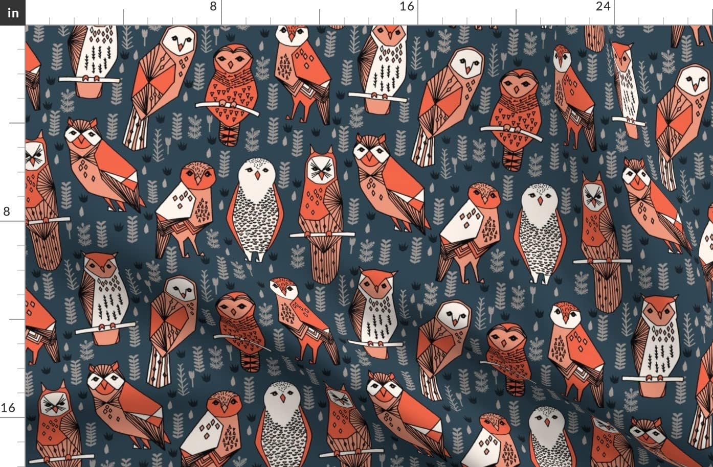 Spoonflower Fabric - Owls Navy Blue Orange Coral Hand Drawn Illustration Owl Bird Pattern Printed on Organic Cotton Sateen Fabric by The Yard - Sewing Quilting Apparel Home Decor
