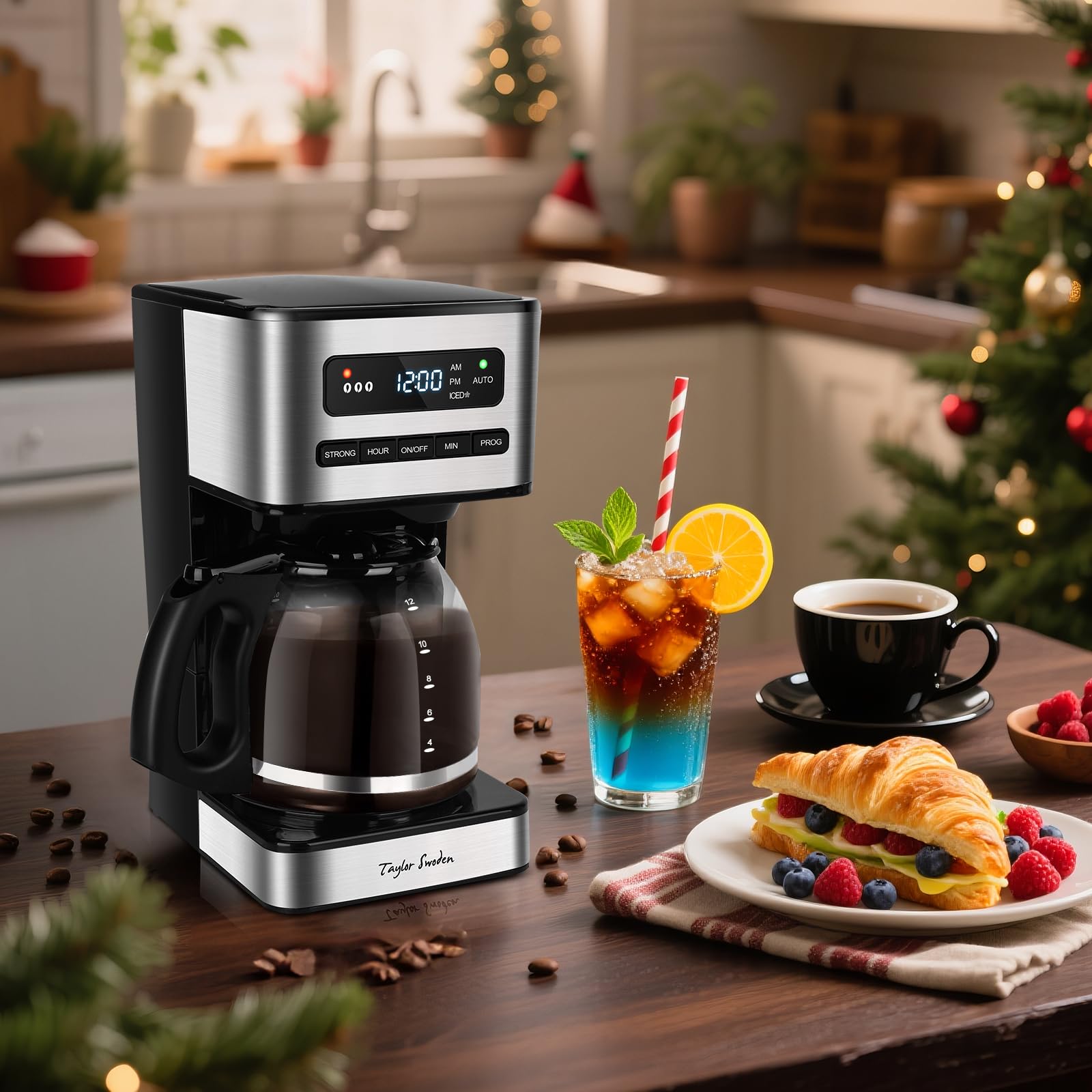 Taylor Swoden Kaffeemaschine 1,8L mit 24H Timer, Eiskaffee-Modus, 3-stufige Stärkeauswahl automatische Reinigung, Filterkaffeemaschine mit Glaskanne & Tropf-Stopp, Wiederverwendbarem Filter, Schwarz